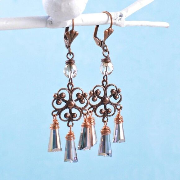 Aged Copper Filigree Earrings - Picture 2 of 5